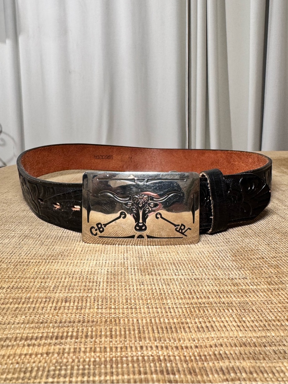 Vintage Black Leather Western Longhorn Belt
